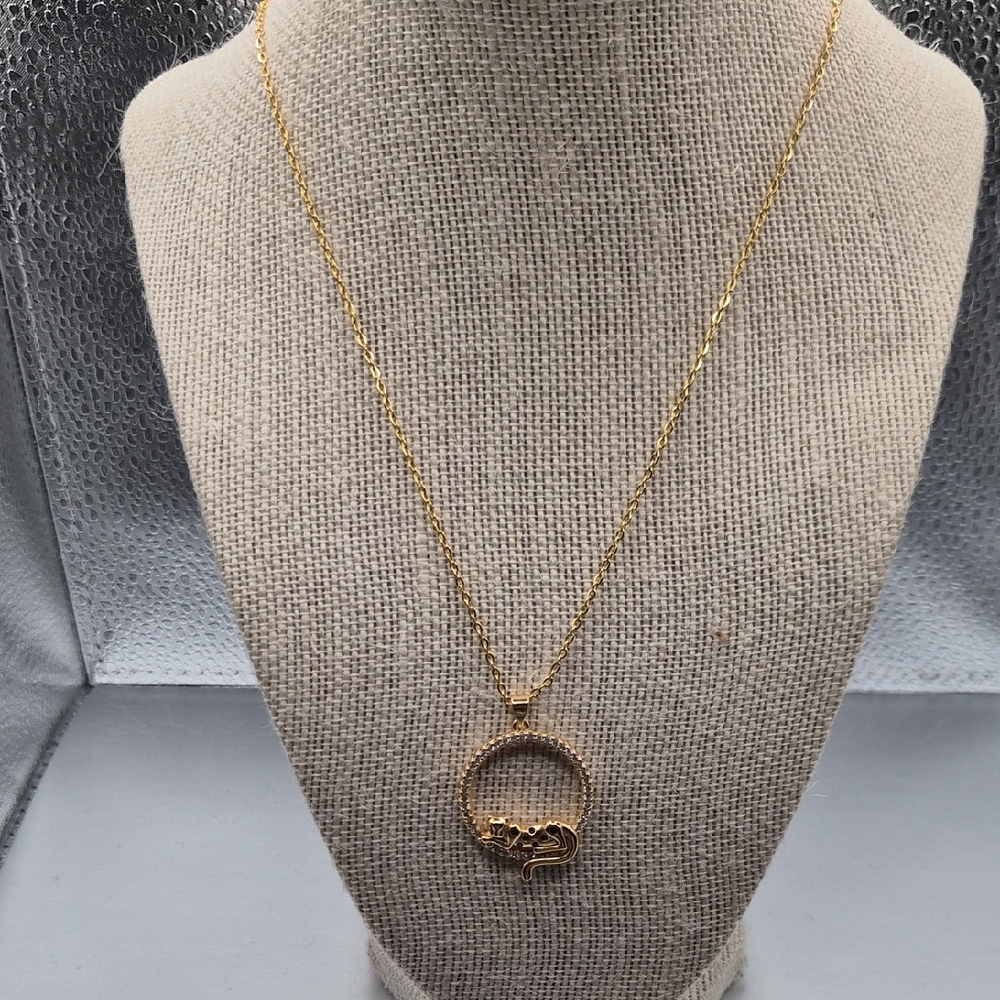 Gold Circle Pendant Necklace with Cat Accent - Women Jewelry
